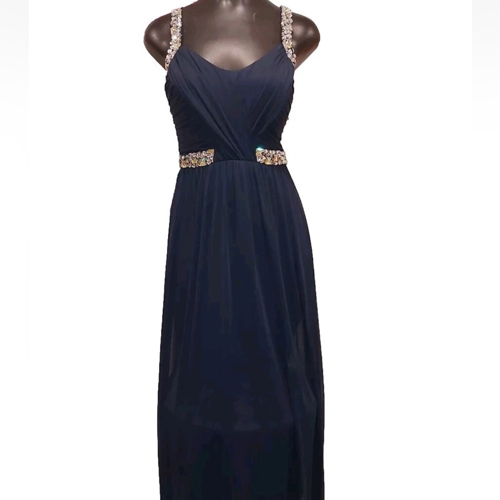 City Triangles Juniors Sleeveless  Navy Blue Pleated Evening Gown Prom Long Sz1